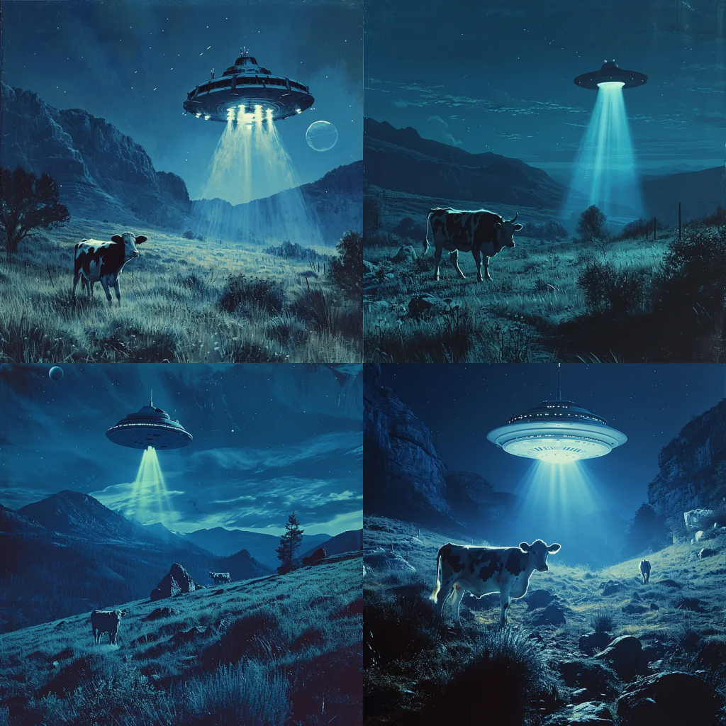 1960年代科幻电影场景：外星飞船劫持奶牛-AI工具研究所